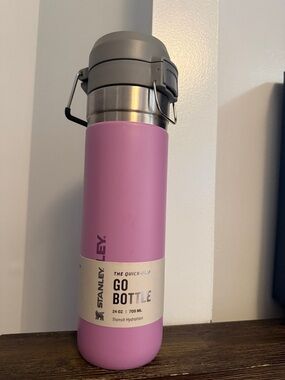 Stanley Pink Travel Bottle with Gray Lid and Stainless Trim